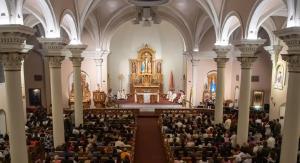 interior of a Catholic church filled with people during Sunday Mass